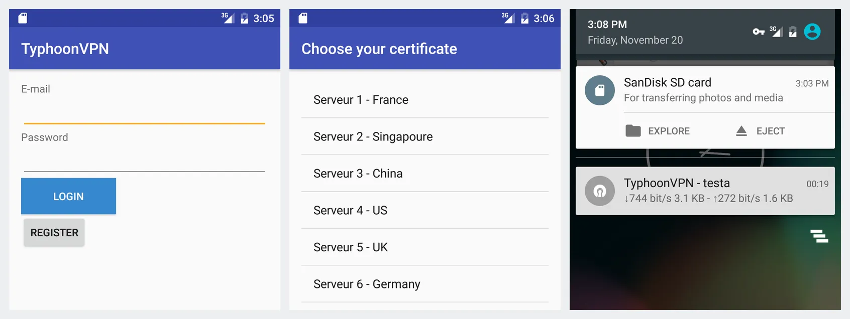 Trois captures d’écran Android côte à côte : un écran de connexion TyphoonVPN avec les champs E-mail et Password et les boutons LOGIN et REGISTER ; une liste intitulée « Choose your certificate » énumérant Serveur 1 - France jusqu’à Serveur 6 - Germany ; et le volet de notifications affichant « TyphoonVPN - testa, 744 bit/s en réception, 272 bit/s en émission, 00:19 ».