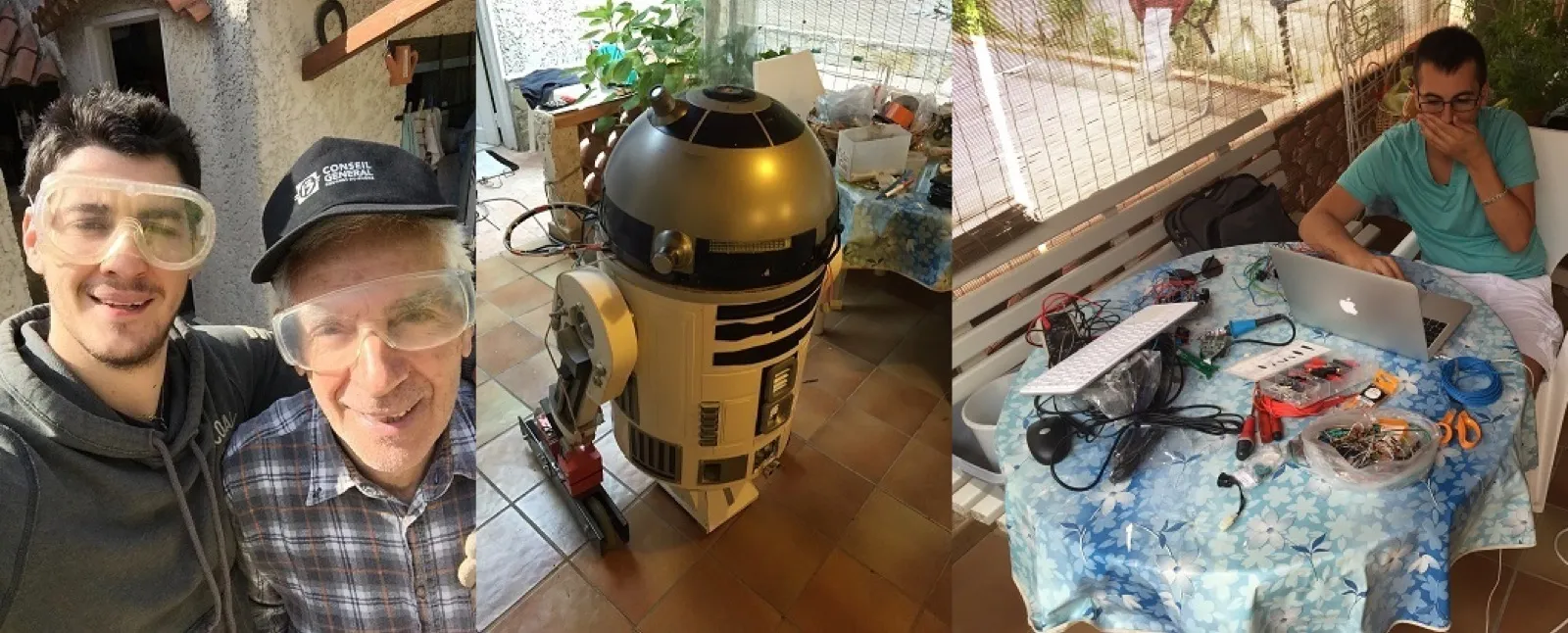 Triptyque : deux constructeurs portant des lunettes de protection, le R2-D2 terminé avec son dôme argenté et bleu, et une table de travail couverte de composants électroniques et d’un ordinateur portable.