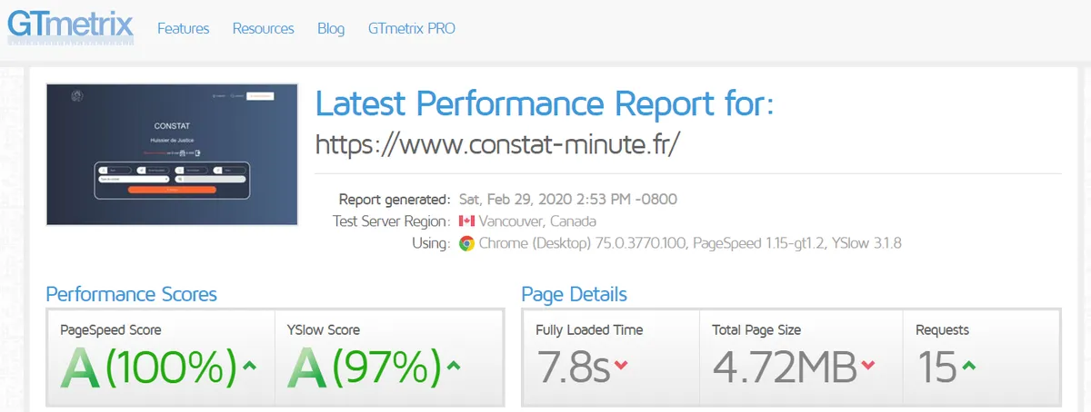 Rapport GTmetrix pour https://www.constat-minute.fr/ daté du 29 février 2020 : PageSpeed Score A 100 %, YSlow Score A 97 %, temps de chargement complet 7,8 s, poids total de la page 4,72 Mo, 15 requêtes.