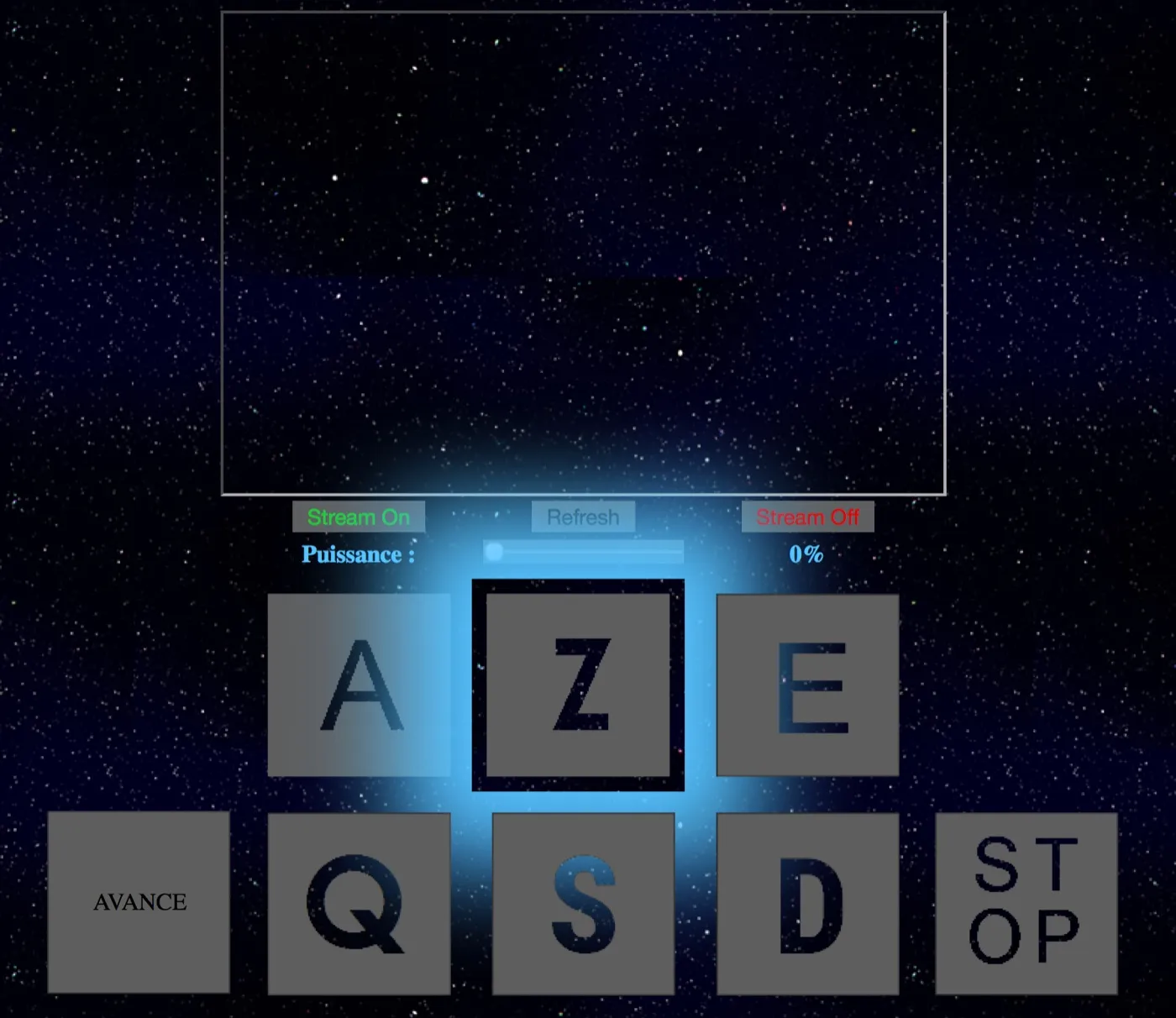 Interface web sur fond étoilé : cadre de flux vidéo, boutons Stream On, Refresh et Stream Off, curseur de puissance à 0 %, et grandes touches A, Z, E, Q, S, D avec les boutons AVANCE et STOP.