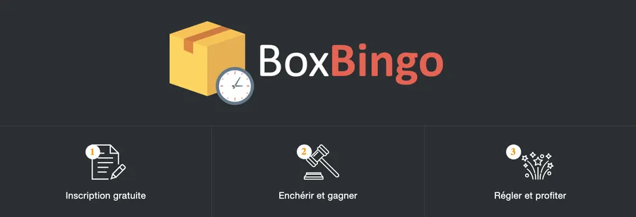 Planche sur fond gris anthracite : en haut le logo BoxBingo — un carton beige et une horloge, « Box » en blanc et « Bingo » en rouge ; en bas trois pictogrammes blancs numérotés en orange, un formulaire avec un stylo pour « Inscription gratuite », un marteau de commissaire-priseur pour « Enchérir et gagner », un feu d’artifice pour « Régler et profiter ».