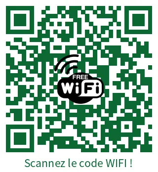 QR code vert portant en son centre le logo « Free WiFi » et, sous le code, la mention « Scannez le code WIFI ! ».